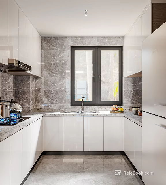 Modern Kitchen Interior Design With White Cabinets Gray Marble Walls And Double Windows 3d model