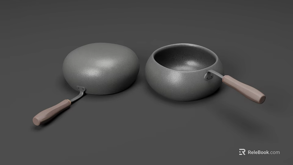 Gray Cookware Set With Frying Pan And Saucepan Wooden Handles 3d model 