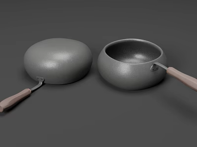 Gray Cookware Set With Frying Pan And Saucepan Wooden Handles 3d model