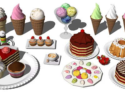 Assorted Delicious Desserts Including Ice Cream Cones Cakes Cupcakes Candies And Fresh Strawberries 3d model