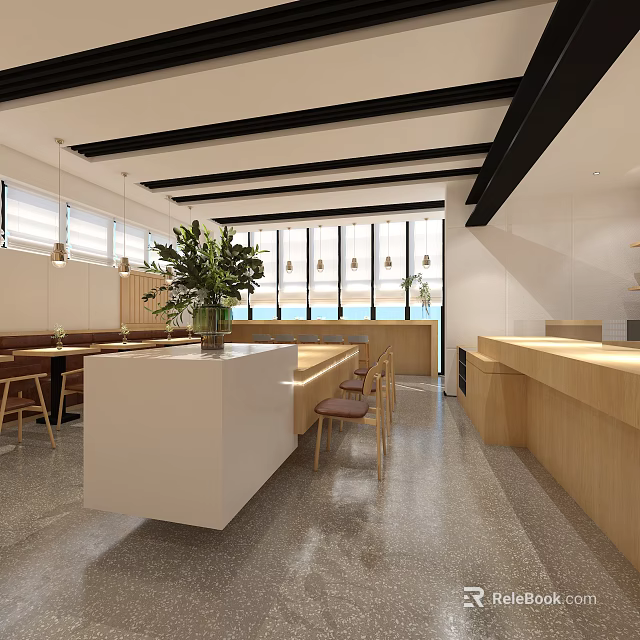 Modern Café Interior Design With Open Space Large Windows Wooden Tables And Green Plant 3d model 