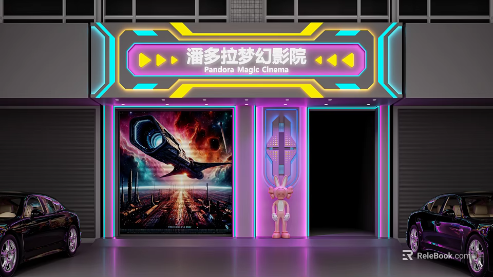 Pandora Magic Cinema Entrance With Neon Lights Sci Fi Movie Posters And Pink Cartoon Character 3d model 