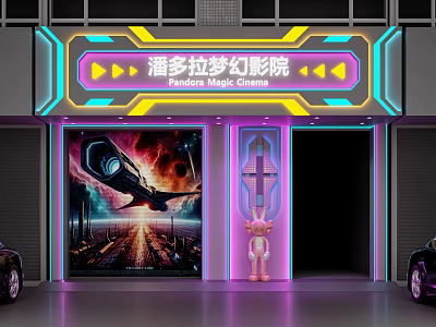 Pandora Magic Cinema Entrance With Neon Lights Sci Fi Movie Posters And Pink Cartoon Character 3d model