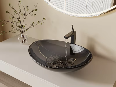 Black Round Glass Washbasin With Black Faucet And Vase With Green Branches On Light Countertop 3d model