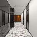 Modern Elevator Hallway Interior Design With Herringbone Flooring And Recessed Lighting 3d model