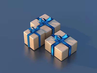 Three Decorative Wooden Gift Boxes With Blue Ribbons For Daily Use 3d model