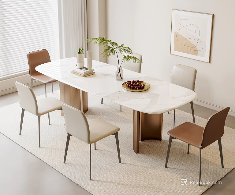 Modern Dining Table Set with Brown Beige Chairs Marble Top Green Plant Fruit Bowl and Books 3d model 