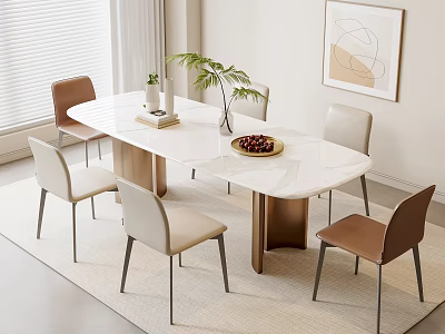 Modern Dining Table Set with Brown Beige Chairs Marble Top Green Plant Fruit Bowl and Books 3d model