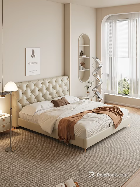 Cozy Modern Bedroom With Beige Tufted Bed Nightstand Lamp And Decorative Painting 3d model 