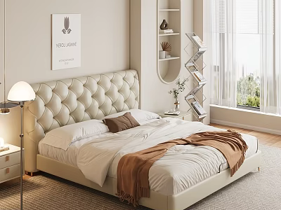 Cozy Modern Bedroom With Beige Tufted Bed Nightstand Lamp And Decorative Painting 3d model