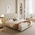Cozy Modern Bedroom With Beige Tufted Bed Nightstand Lamp And Decorative Painting
