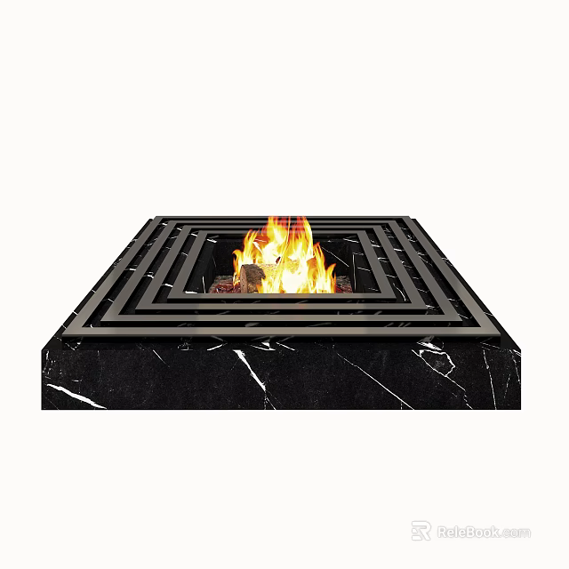 Stylish Square Fireplace With Burning Flames Black Marble Base And Layered Frame 3d model 