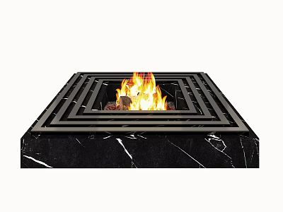 Stylish Square Fireplace With Burning Flames Black Marble Base And Layered Frame 3d model