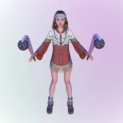 Woman In Traditional Brown Coat With Fringes And Colorful Decorations Holding Two Drums 3d model