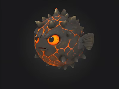 Angry 3D Pufferfish Model With Black Spiky Body Orange Eyes And Glowing Patterns 3d model