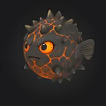 Angry 3D Pufferfish Model With Black Spiky Body Orange Eyes And Glowing Patterns