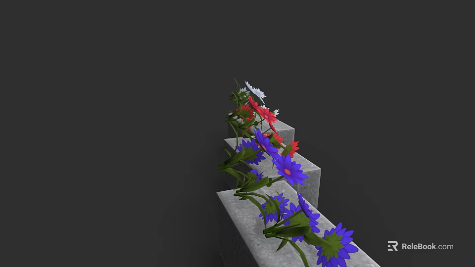 Colorful Flowers Red White Purple Blooms Growing On Concrete Steps With Green Stems 3d model 