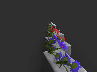 Colorful Flowers Red White Purple Blooms Growing On Concrete Steps With Green Stems 3d model