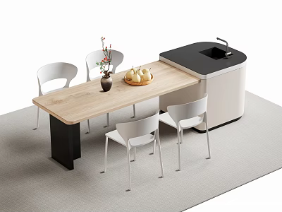 Modern Bar Interior With Wooden Countertop White Chairs Black Sink And Fruit Vase 3d model