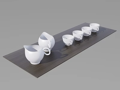 White Ceramic Cups and Pitchers Arranged Neatly on Dark Wooden Tray 3d model
