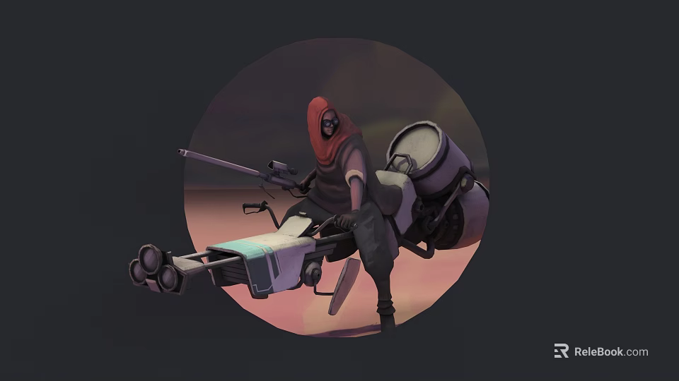 Game Character With Red Hood Holding Rifle And Mechanical Backpack In Combat Pose 3d model 