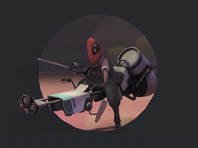 Game Character With Red Hood Holding Rifle And Mechanical Backpack In Combat Pose 3d model