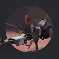 Game Character With Red Hood Holding Rifle And Mechanical Backpack In Combat Pose