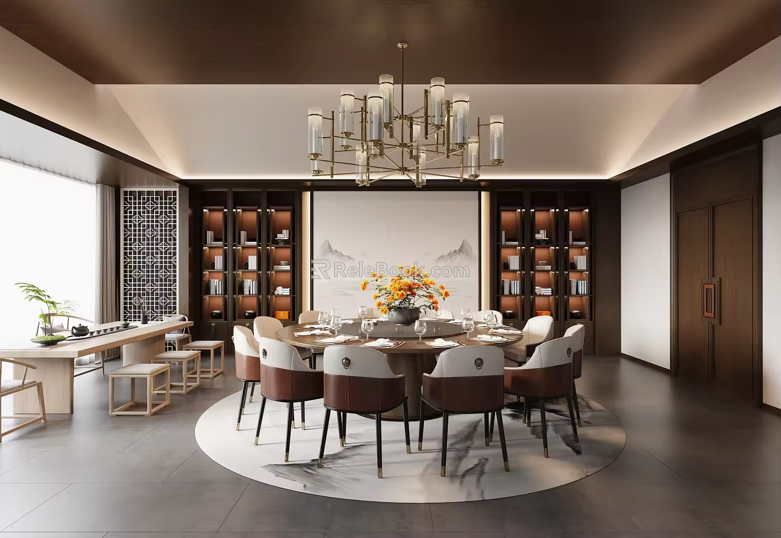 New Chinese-style box restaurant private room restaurant large round table and chair combination 3d model