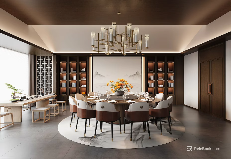 Elegant Private Dining Room Interior With Round Table Chairs Chandelier And Wooden Bookshelves 3d model 