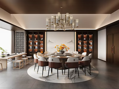 Elegant Private Dining Room Interior With Round Table Chairs Chandelier And Wooden Bookshelves 3d model