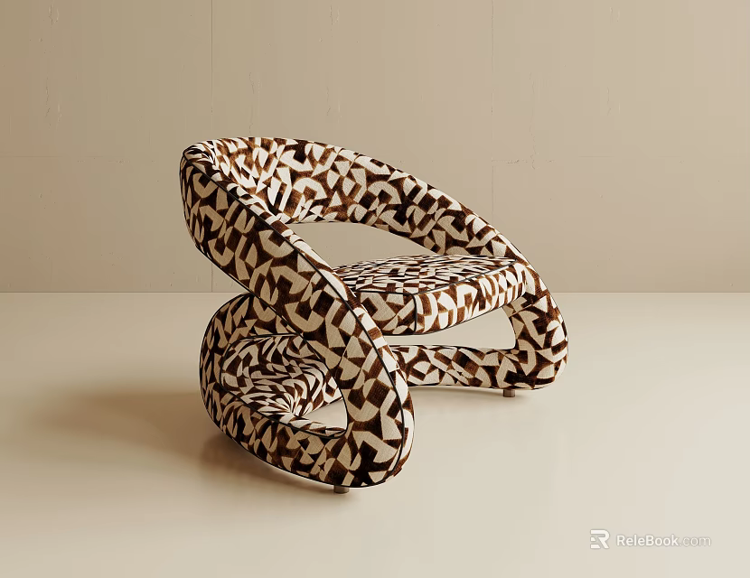 Unique Spiral Design Leisure Chair With Brown White Geometric Fabric Upholstery 3d model 