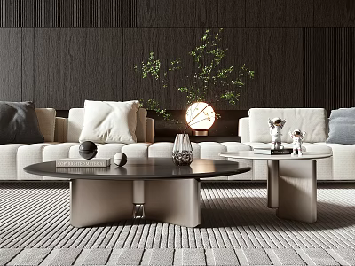 Modern Living Room Light Sofa Black Beige Coffee Table With Green Plant Decorative Items 3d model