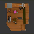 Wooden Work Desk With Tools Barrel Chalkboard Steps And Small Items On Platform 3d model