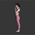 Woman Stretching Arms In Gray Sports Bra And Pink Leggings On Gray Background