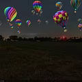 Amusement Rides With Multiple Colorful Hot Air Balloons And Baskets Under Starry Sky