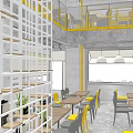 Bright White Bakery Cafe Exterior With Yellow Awning Windows And Outdoor Seating