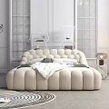 Beige Velvet Double Bed With Rounded Tufted Design In Modern Bedroom Interior And Bedside Lamp Decorative Rug