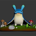 Blue Rabbit Like Creature On Green Grassy Base With Mushrooms Stones And Grass Blades