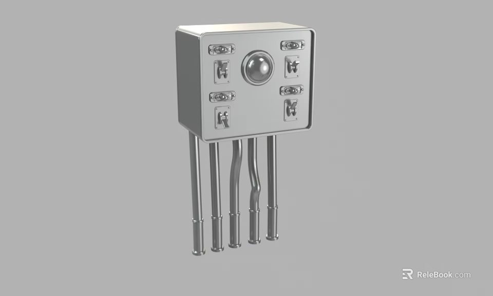 Mechanical Industrial Equipment Component With Square Body Circular Button Multiple Interfaces And Metal Pins 3d model 