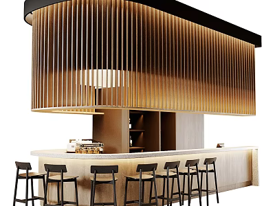 Modern Bar Interior Design With Curved Wooden Slat Ceiling And High Stools 3d model