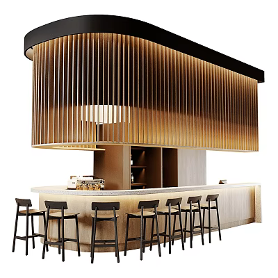 Modern Bar Interior Design With Curved Wooden Slat Ceiling And High Stools 3d model
