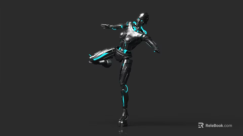 Silver Black Smart Robot With Blue Glowing Lines Standing On One Leg And Extended Arms 3d model 