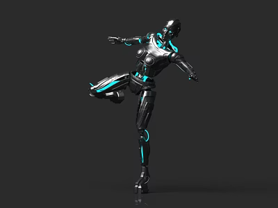 Silver Black Smart Robot With Blue Glowing Lines Standing On One Leg And Extended Arms 3d model