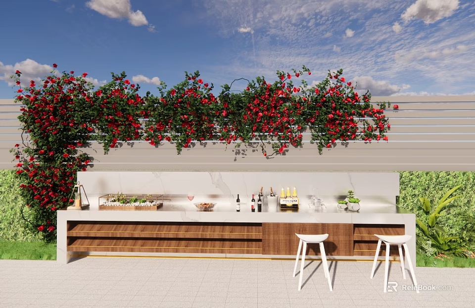 Red Flowering Vines Draping Over Outdoor Bar Counter With White Stools And Blue Sky Background 3d model 