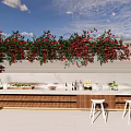 Red Flowering Vines Draping Over Outdoor Bar Counter With White Stools And Blue Sky Background