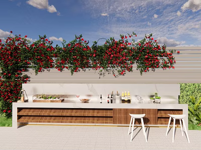 Red Flowering Vines Draping Over Outdoor Bar Counter With White Stools And Blue Sky Background 3d model
