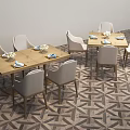 Wooden Dining Table Set With Light Gray Chairs White Tableware And Geometric Pattern Floor Tiles 3d model