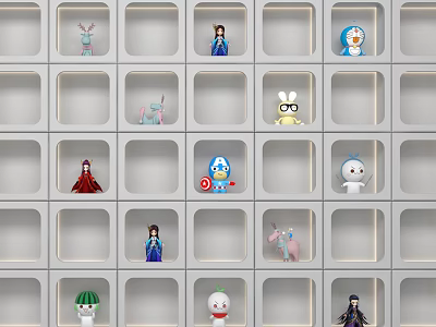 Assorted Stuffed Dolls Displayed on White Cubby Shelves with Various Characters and Designs 3d model