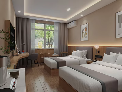 Modern Hotel Room Interior With Twin Beds Wooden Flooring Decorative Paintings Desk And Window Curtains 3d model
