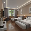 Modern Hotel Room Interior With Twin Beds Wooden Flooring Decorative Paintings Desk And Window Curtains